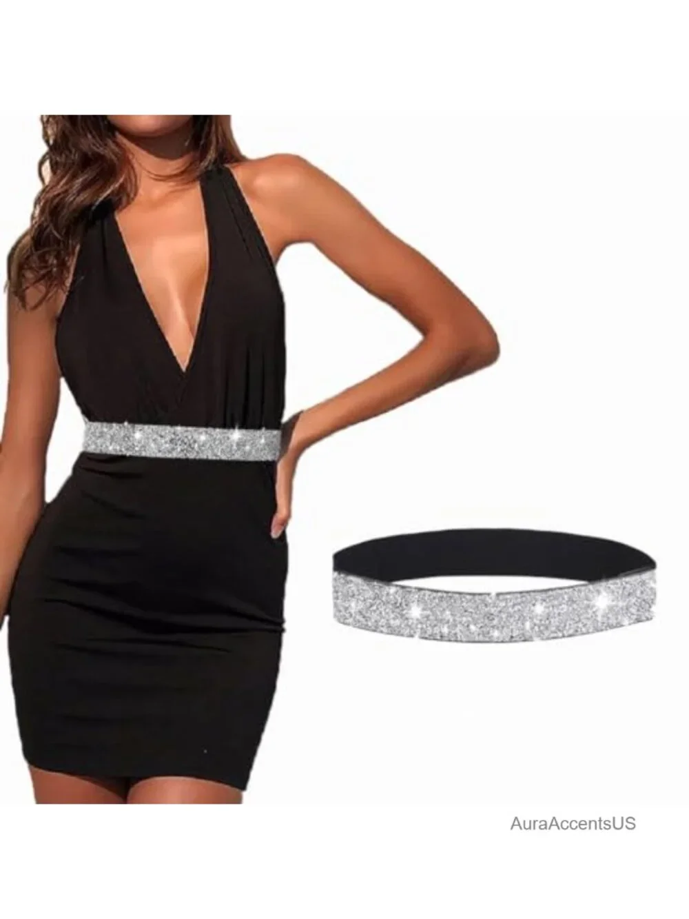 Rhinestone Stretch Waist Belt with Vintage Buckle, Silver, M